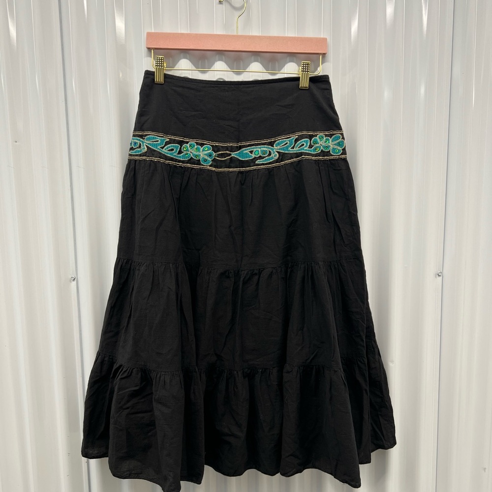 Vintage Black Embroidered Cotton Midi Skirt – Made in USA